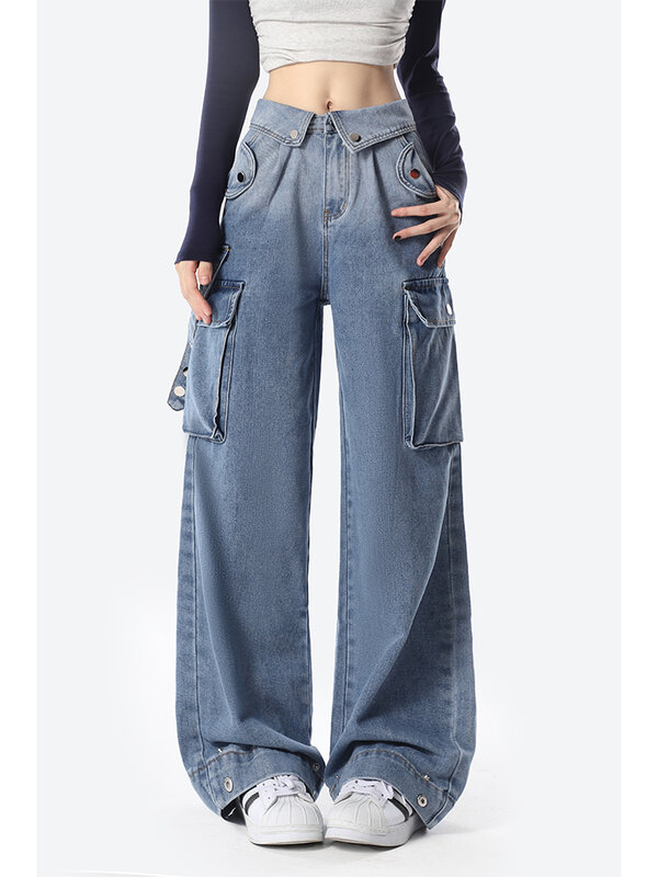 American Streetwear Cargo Jeans Y2K Style Gradient Color Flip Waist Design Wide Leg Jeans Women Comfortable All Match Jeans