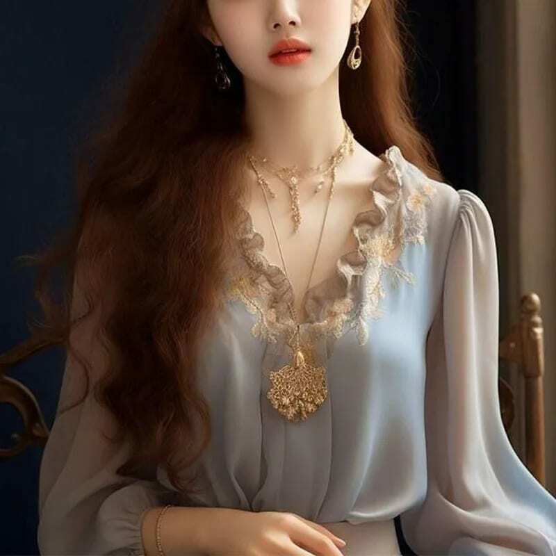 2024 Spring Autumn New Women's V-Neck Embroidery Ruffles Pullovers Long Sleeve Elegant Loose Appear Thin High-end Chiffon Tops