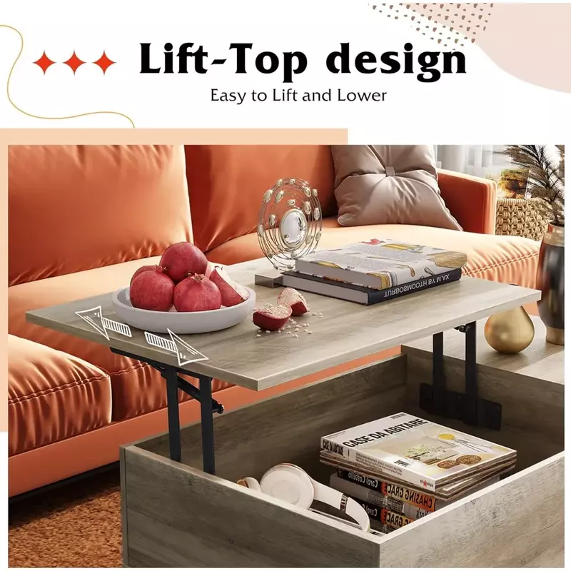 Lift Top Couch tisch mit Stauraum für Wohnzimmer, kleines verstecktes Fach und verstellbares Regal, Mitte des Jahrhunderts modern, Holz