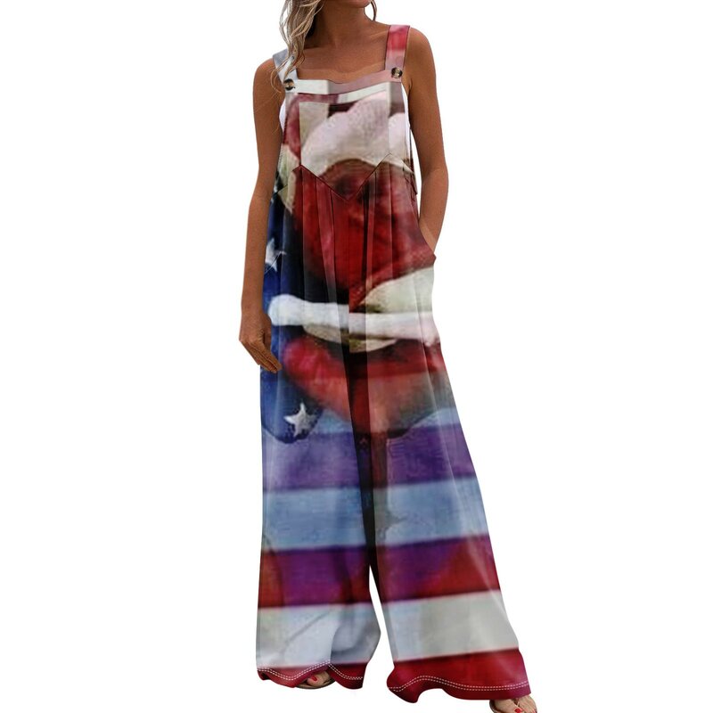 Women Casual Jumpsuit Summer Loose Wide Leg Pants Independence Day Printed Bib Overalls Pocket Sleeveless Baggy Streetwear Rompe
