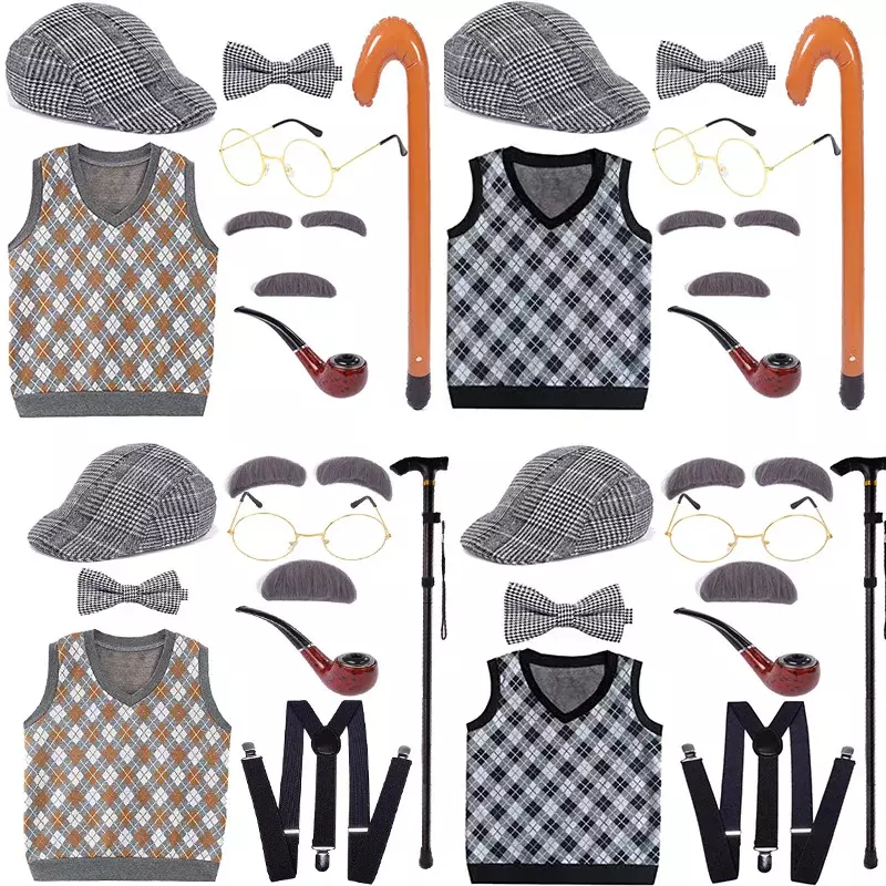 Kids 100 Days of School Costume for Boys Child Halloween Old Man Costume Hat Glasses Grandpa Vest Grey Wig Set Cosplay Outfit
