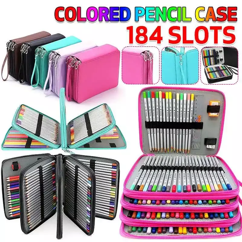 Estojo portátil de couro PU de grande capacidade, suporte de lápis colorido para estudante, suprimentos para presentes, slot 184