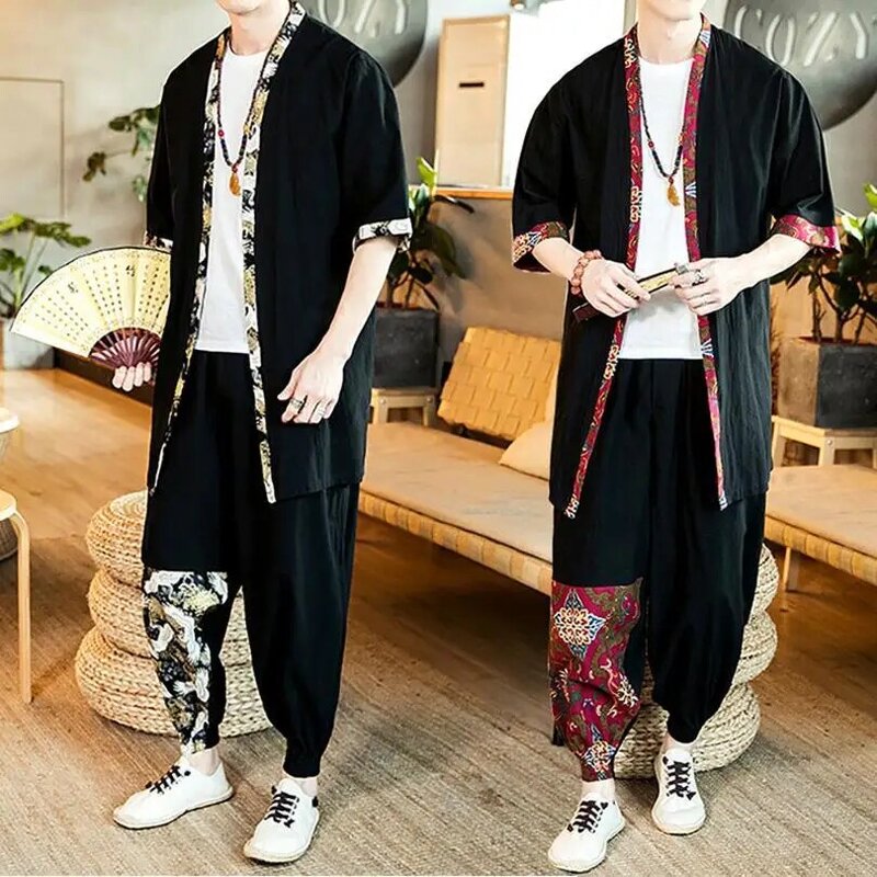 Vintage Cina pria musim panas Kimono tipis kemeja & celana 2 buah Cardigan Tang Suit Retro Jepang Kimono jubah setelan kasual pakaian set