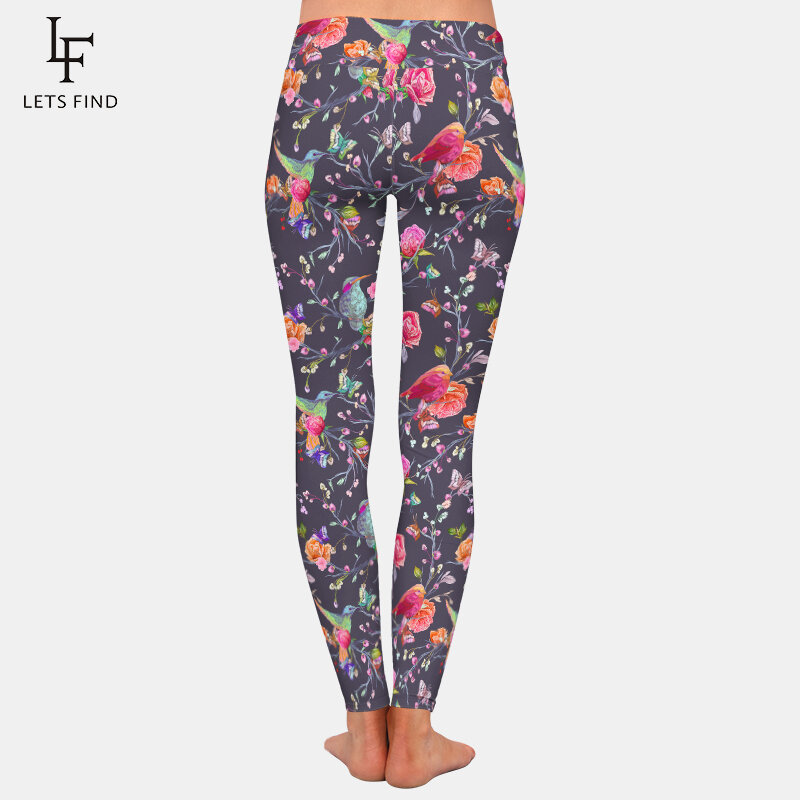 LETSFIND Birds Butterflies and Flowers Digital Printing Women High Waist Leggings High Elastic  Soft Fitness Pants