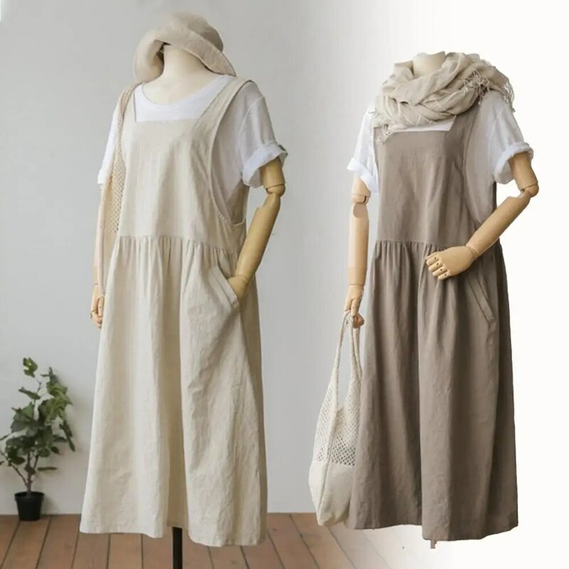 Vestido de linho de algodão sem mangas feminino com bolsos, vestido de verão feminino, vestido regado, roupas plus size, novo, 2023