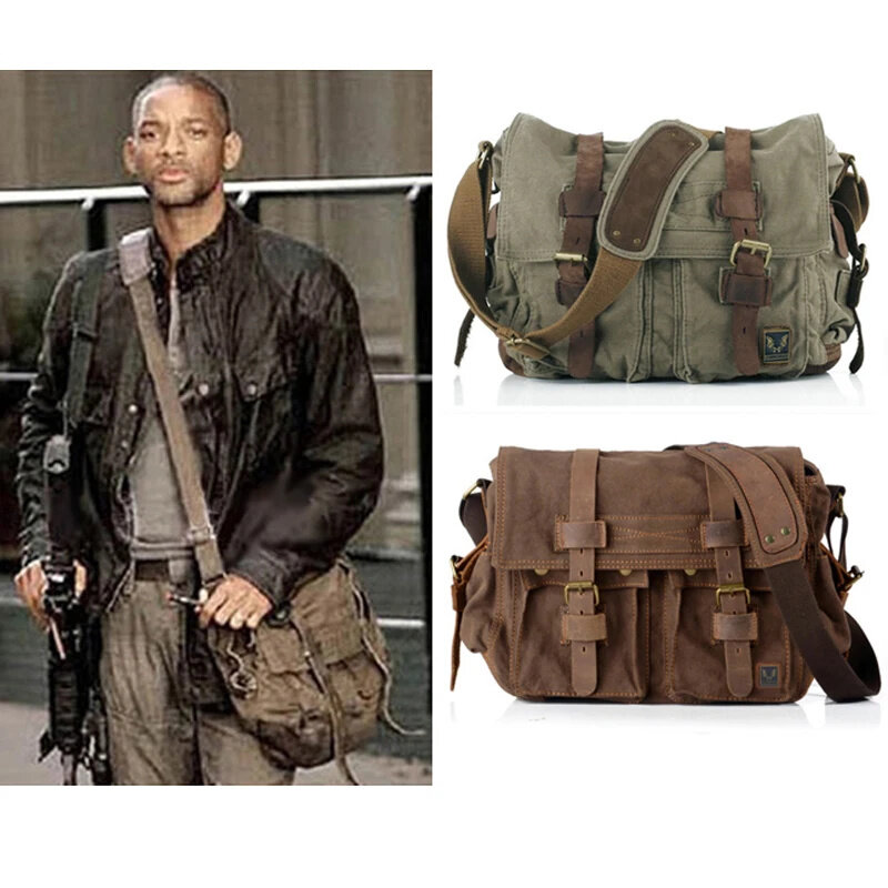 I AM LEGEND Will Smith tas selempang pria, tas kurir militer + tas bahu kulit asli, tas Sling kasual bahan kanvas untuk pria
