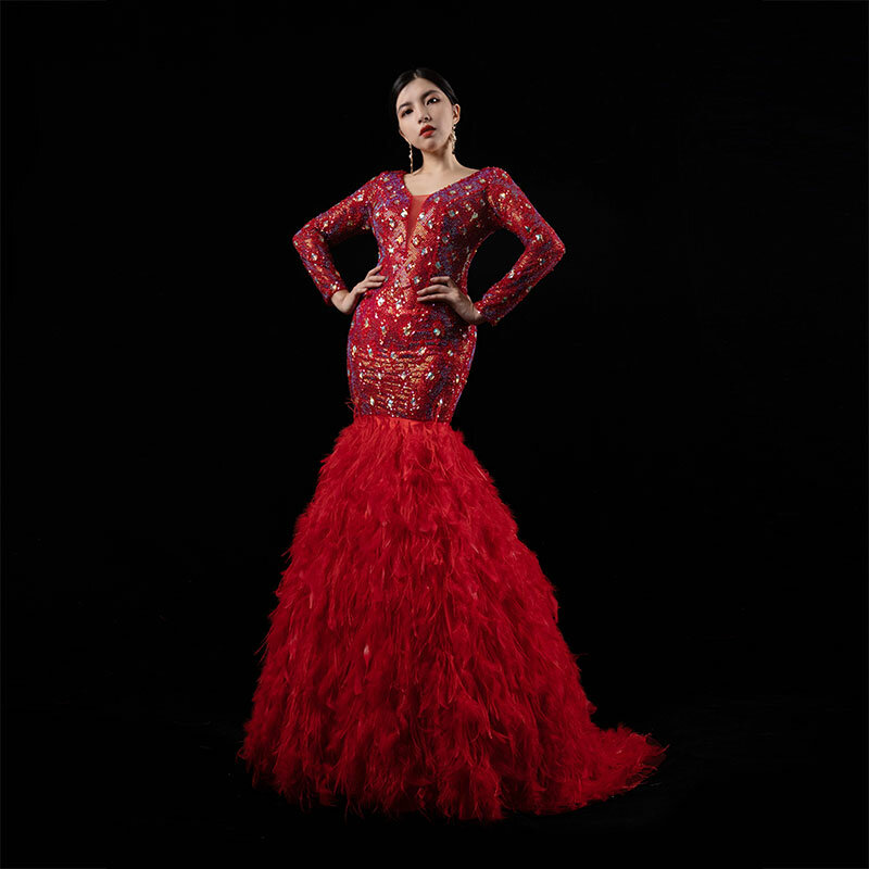 Роскошное вечернее платье, красная Великолепная юбка с страусиными волосами, ручная работа, украшенная бусинами, для женщин, размеры Queen вечерние, одежда для шоу 14299-3