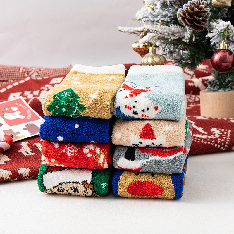 Calcetines navideños de felpa de otoño e invierno, calcetines cálidos de lana de Coral para dormir en casa