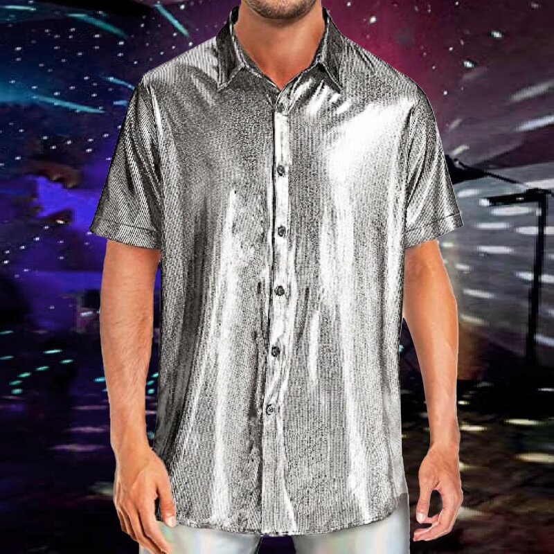 Мужская рубашка с блестками и коротким рукавом, облегающая модная футболка с коротким рукавом, хипстерская яркая Мужская рубашка, деловая уличная одежда на пуговицах