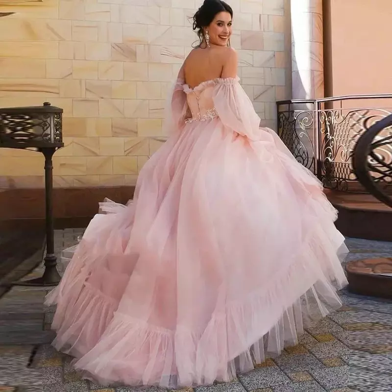 Nieuwe Elegante Romantische Roze Gezwollen Mouwen Met Sexy Schouderplooien A-Line Tule Vloerlengte Op Maat Speciale Avondfeest