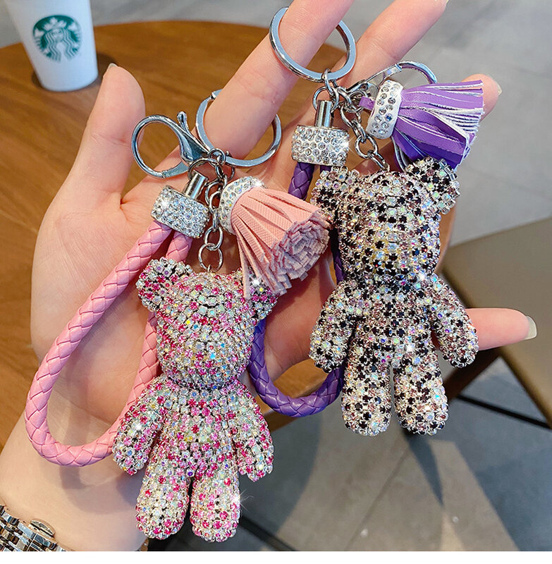 Cute Cartoon Personality Diamond-studded Bear Keychain Female Creative Trend Doll Car Key Chain Ring Bag Tassel Pendant Gift