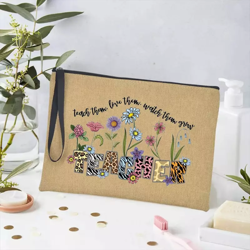 Teacher Gift  Wash Pouch Cosmetic BagsTeacher Flower Print Pencil Case Travel Makeup Bag School Stationery Supplies Storage Bags