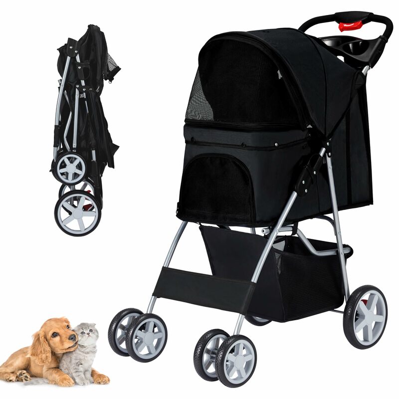 Czarny składany wózek dla psa kota na 4 koła dla średnio/małych zwierząt, wózek do joggera