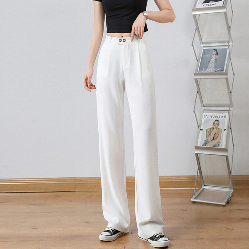 Pantalones de pierna ancha para mujer, ropa coreana elegante, pantalones de cintura alta, pantalones elegantes de verano