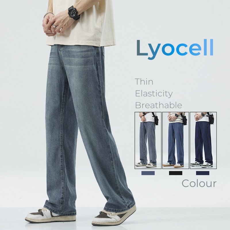 Calça jeans de tecido lyocell macia masculina, elástica fina, respirável, solta perna larga, calça jeans elástica na cintura, casual, verão