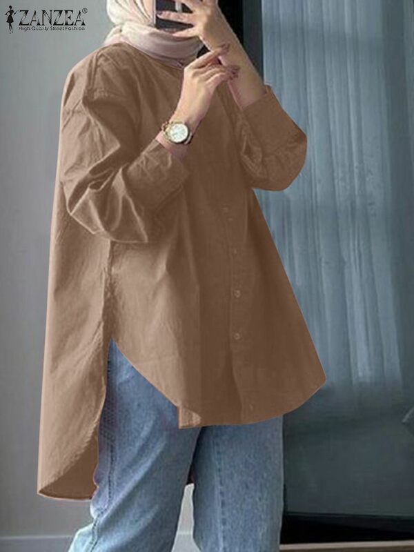 ZANZEA asimétrica-Blusa de manga larga con solapa para mujer, camisa elegante con botones, moda musulmana, informal, Abaya