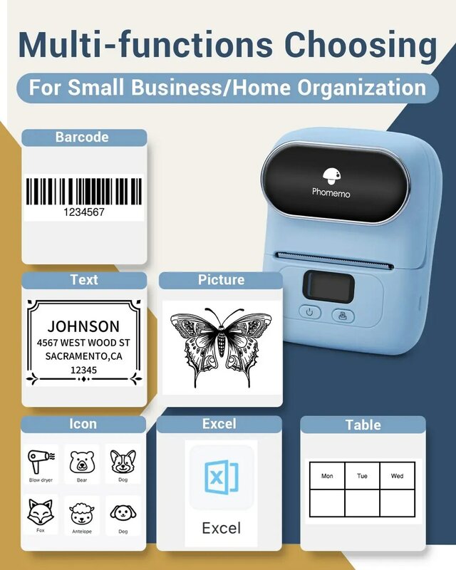 Phomemo-M110 Thermal Wireless Label Printer, Etiqueta, Mini Impressora, Código de Barras, Bluetooth Label Maker, Impressoras Price Tag, App Gratuito