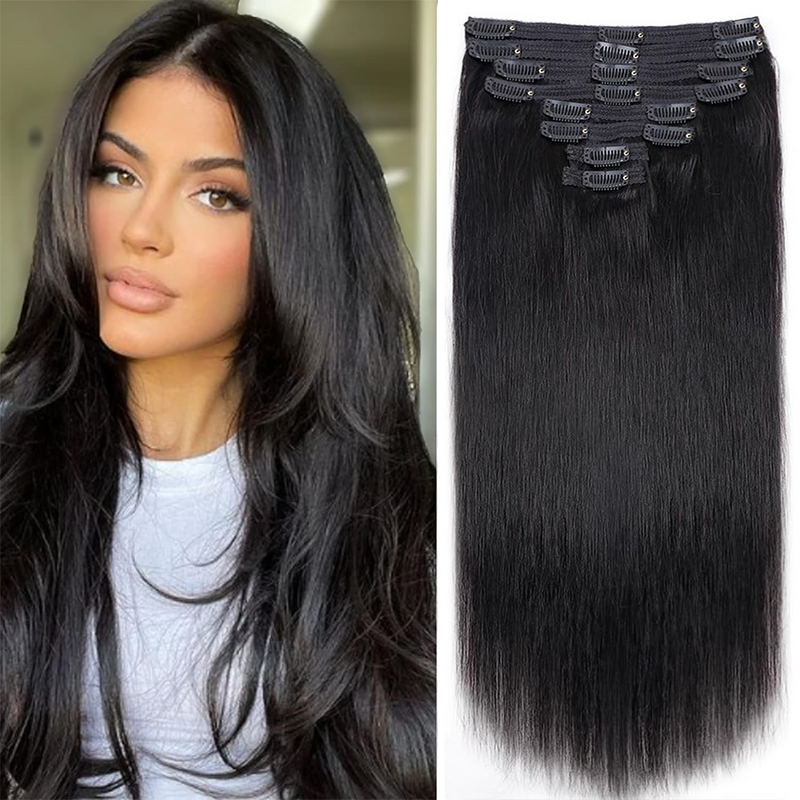 Clip in Hair Extensions Straight Per Set with 18 Clips 120G Double Weft Virgin 100% Human Hair Natural Black Color For Women