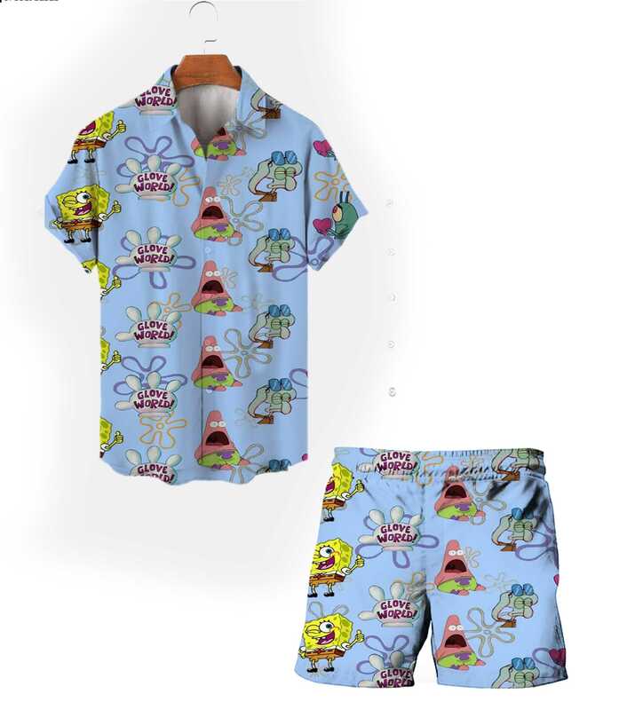 2024 Harajuku new summer Spongebob cartoon men's beach short-sleeved shirt suit street style fashion casual suit y2k