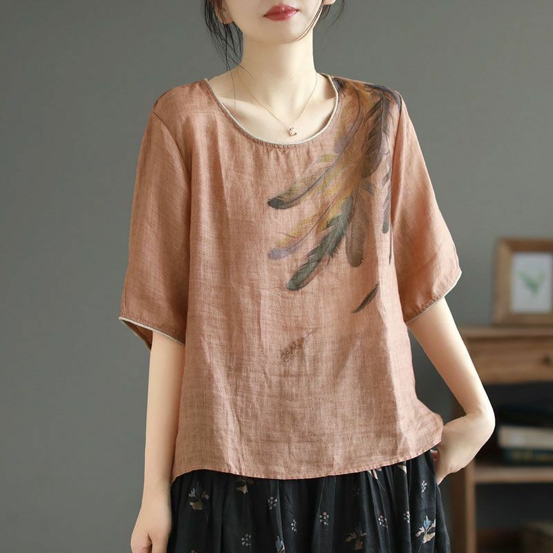 Buddhist Mood Tea Clothing Cotton and Linen Summer New Vintage Multiple Colour Literature Printing Loose Female All-match Tops