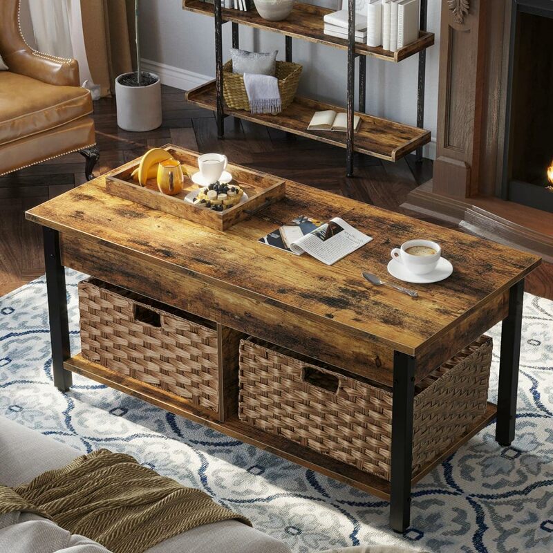 Atas meja kopi dengan kompartemen penyimpanan tersembunyi dan 2 keranjang rotan, Meja kayu pusat Retro 41.7 "dan bingkai logam