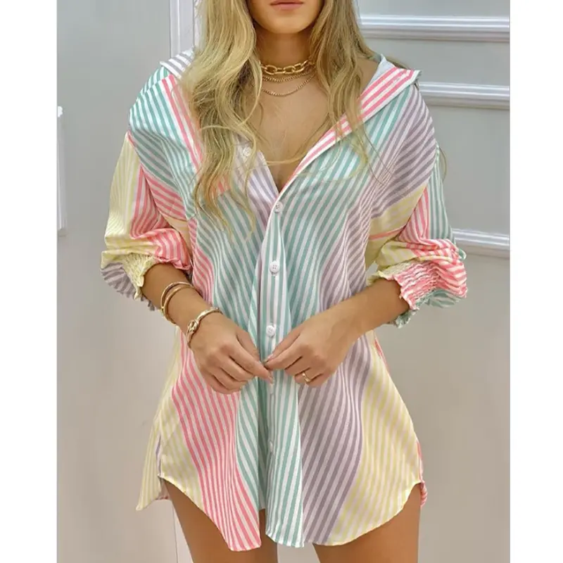 Summer Fashion Striped Printed Shirt Dress Button V-neck Casual Loose Long-sleeved Shirt Temperament Printed Shirt Street Wear
