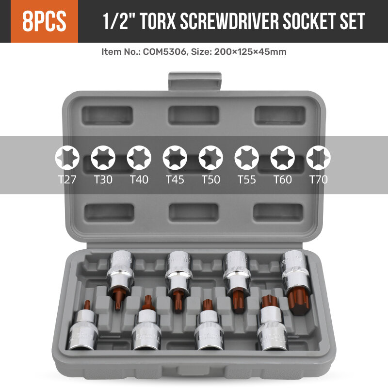 8pcs 1/2" Bit Socket Hex Torx Screwdriver Bits Tools Set Kit Spanner Socket Set Drive Tamper Proof Torx Star Bit Socket Kit Set