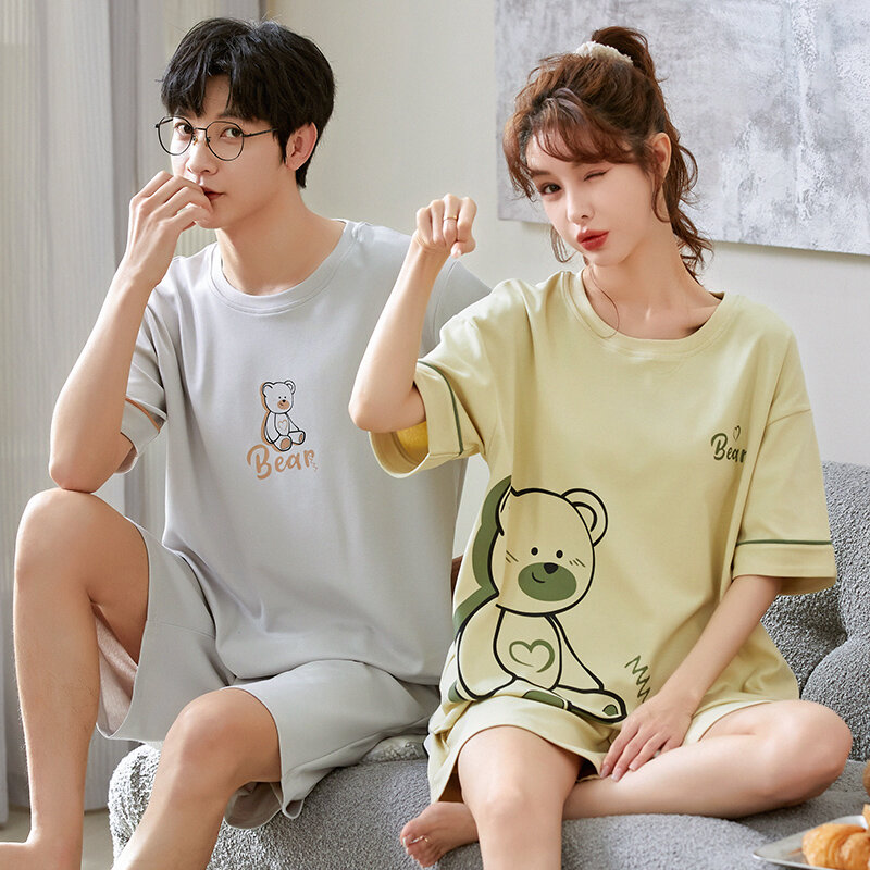 Summer Couple Pajamas Set New Cute Bear Loose Cotton Nightwear Man's Casual Home Suit Sweet Sleepwear For Women Men Pjs Freeship