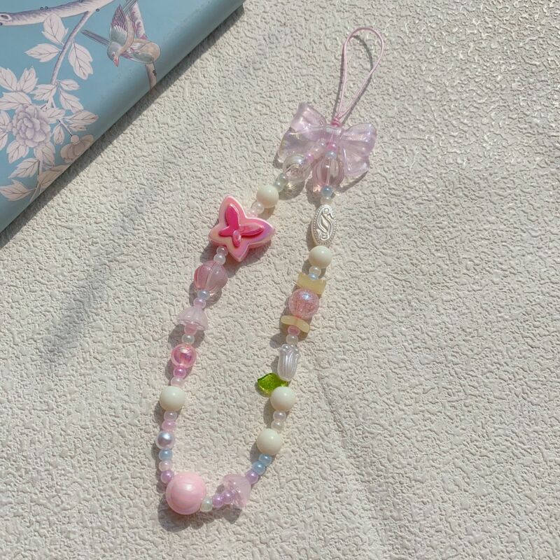 Y2K gotico Harajuku carino acrilico gatto farfalla fiore perline ciondolo cinturino del telefono fascino catena nodo cellulare portachiavi per Egirl