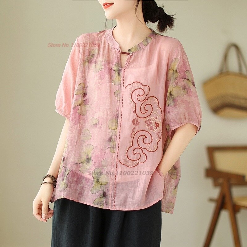 Традиционная китайская винтажная блузка 2024, национальная блузка с цветочным принтом и вышивкой, о-образным вырезом, Восточная уличная одежда, этническая блузка