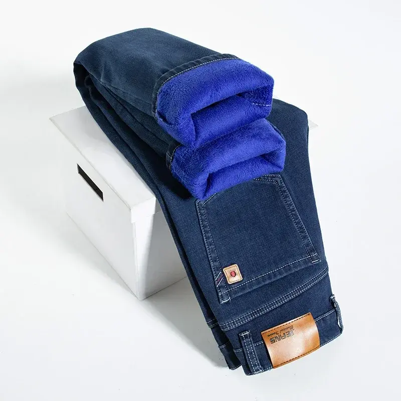 2024 New Fleece Jeans Mens Thick Warm Winter Men's Pants Loose Straight Stretch Plus Size Trousers