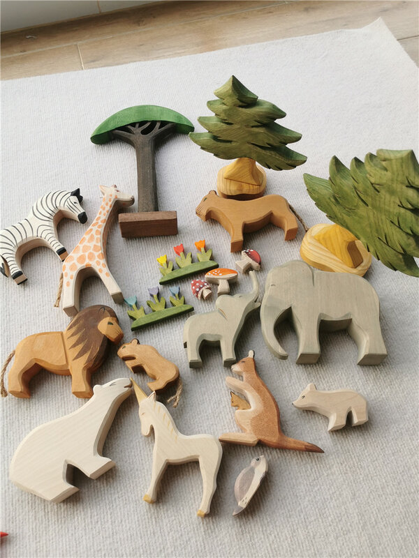 حيوانات خشبية ملونة مصنوعة يدويا من خشب الزيزفون كتل التراص لعب أشجار الغابات الأسد النمر الفيل الزرافة الدب الكنغر للأطفال