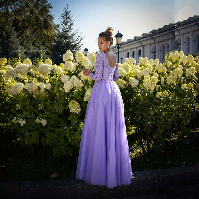 Liliowa tiulowa koronka suknie balowe długie rękawy gorset damskie suknia wieczorowa formalne suknie druhny stroje