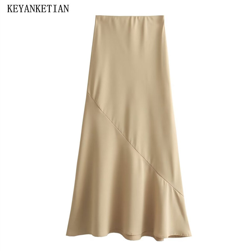 Keyanketian-女性のkhaki midiスカート、エレガントな非対称パッチワーク、ハイウエスト、Aライン、足首の長さ、ファッション、新発売、2022