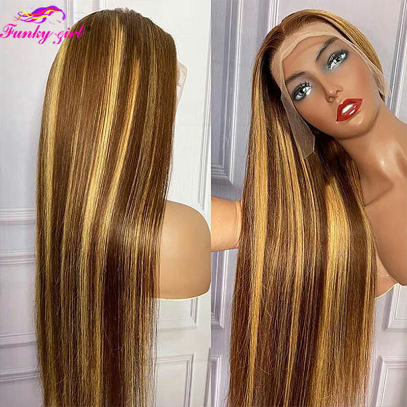 Highlight Brown Straight Lace Front Wig Human Hair Wigs For Women Lace Closure Wig Pre Plucked Honey Blonde Colored Cheap Wigs