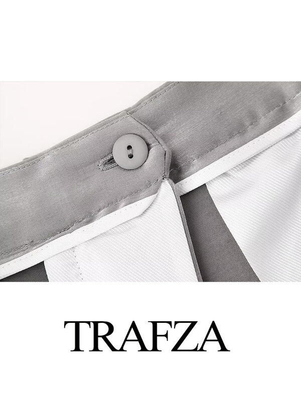 TRAFZA 여성용 용수철 긴 바지, 트렌디한 실버, 하이 웨이스트 포켓, 버튼 지퍼 바지, 여성 새로운 패션 와이드 레그 팬츠