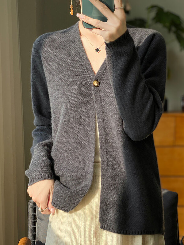 2024 Spring Autumn Women Cardigan 100% Merino Wool  Long Sleeve Sweater Solid Color Soft Knitwear New Fashion Female Shawl Tops