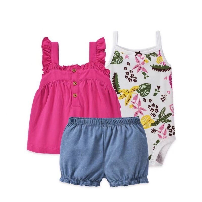 Summer Newborn Baby Girl Fashion Bebe Clothes Set Floral Print Short Sleeves +Shorts+Sling jumpsuit Clothing Infant 3Pcs Outfits