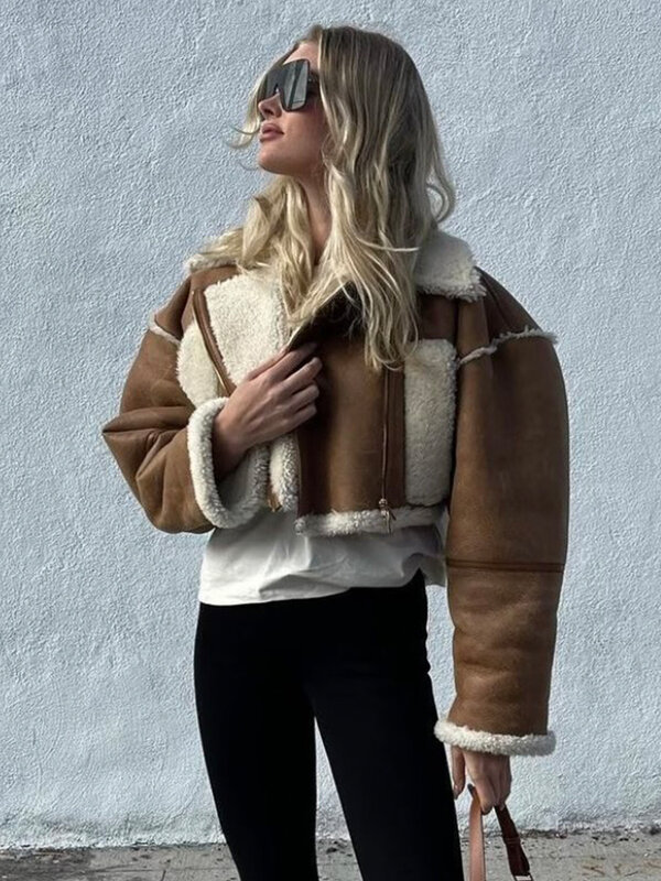 ZACK RAIN Damska kurtka ze sztucznego futra jagnięca 2024 Zimowy damski krótki gruby płaszcz Vintage High Street Ciepła, łączona damska szykowna odzież wierzchnia