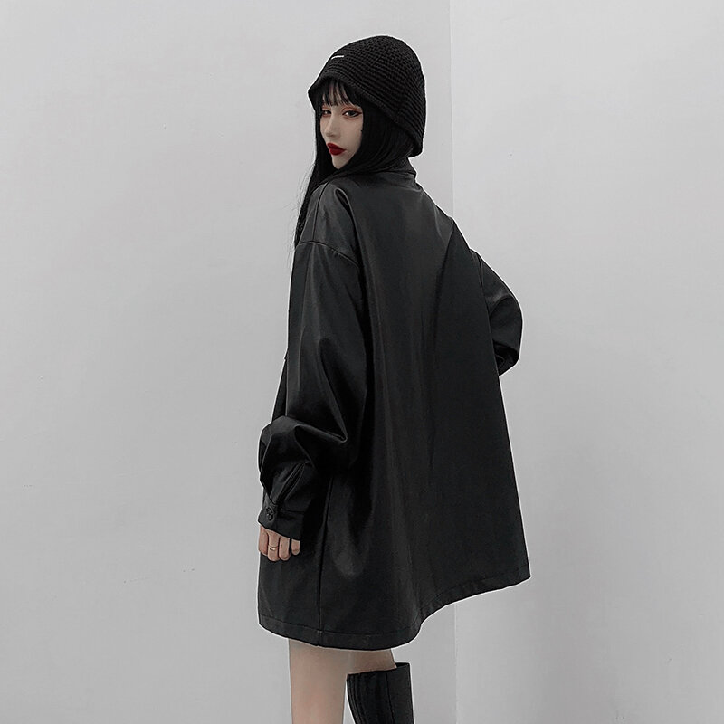Japoński na co dzień kobiety luźna, skórzana Moto kurtka odzież wierzchnia koreański główna ulica płaszcz Chic Streetwear z długim rękawem czarne skórzane topy