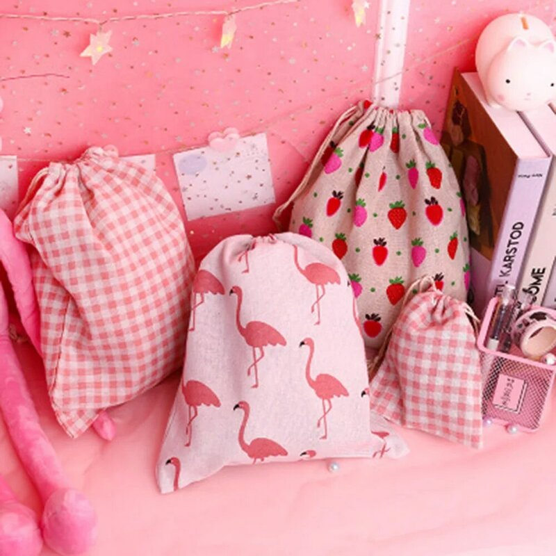 1 szt. Torebka damska do przechowywania Flamingo torba ze sznurkiem ręcznie robiona bawełniana mała portmonetka podróżna mała płócienna torba sakiewka na prezent