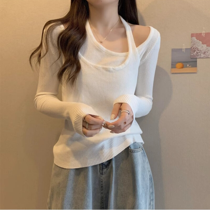 Feste Pullover Frauen schlank kreuz und quer sexy koreanischen Stil gefälschte zweiteilige asymmetrische tägliche All-Match-Frühling Herbst dehnbare Ins