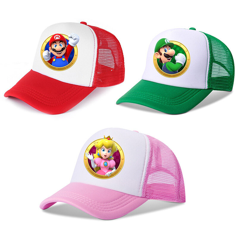Casquette de baseball Super Mario Bros pour enfants, casquette de dessin animé d'été, protection solaire, princesse pêche respirante, Yoshi, Luigi, chapeau en maille, cadeau