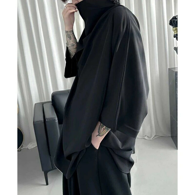 Camisa masculina monocromática com gola em pilha, masculina solta, manga 3/4, preta, combina tudo, blusa Harajuku Y2K, moda streetwear, casual, verão