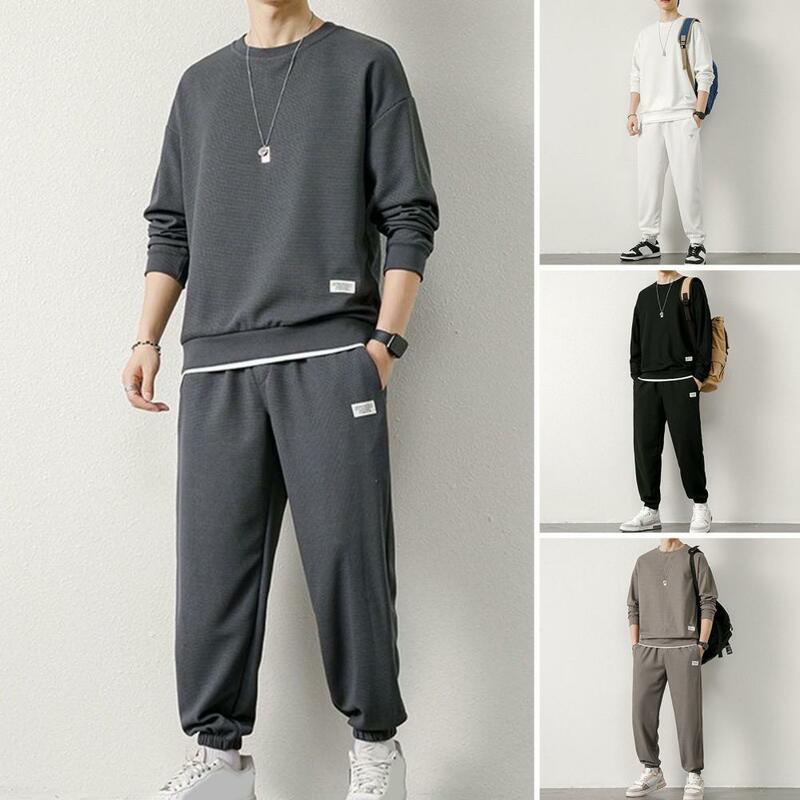 Men Casual Two-piece Set Men's Waffle Texture O-neck Long Sleeve Top Elastic Waist Sweatpants Set Solid Color Casual for Spring