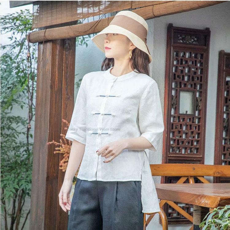 Chinese Stijl Retro Qipao Knoop Katoen En Linnen Shirt Dames Chinese Nationale Stijl Vrouwen Vintage Cardigan Top Tangsuits