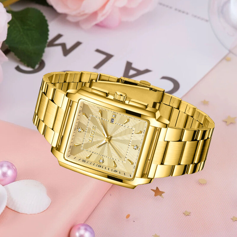LIGE-Relógio de quartzo quadrado impermeável feminino, luxo, casual, esporte, cronógrafo, relógio de pulso feminino, marca superior, moda