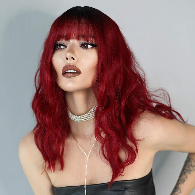 Синтетический парик NAMM для женщин с челкой, парик для косплея на Хэллоуин, водные волнистые волосы винного красного цвета, натуральные термостойкие волнистые парики