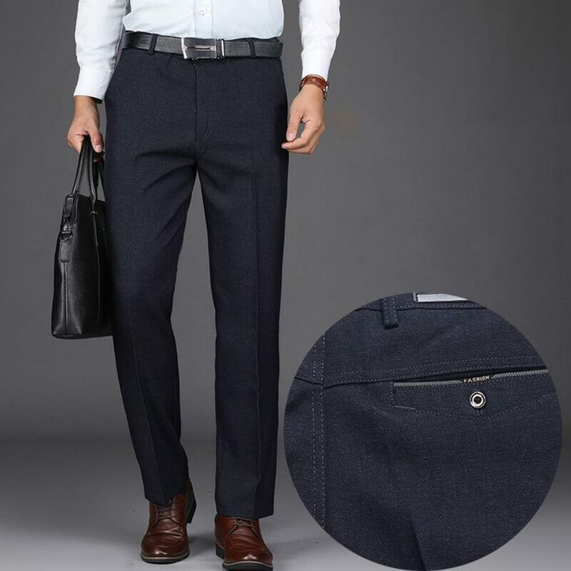 Męskie spodnie garniturowe z wysokim stanem proste, przeciwzmarszczkowe męskie spodnie głębokie krocze biznesowe spodnie garnitur pana młodego odzież męska