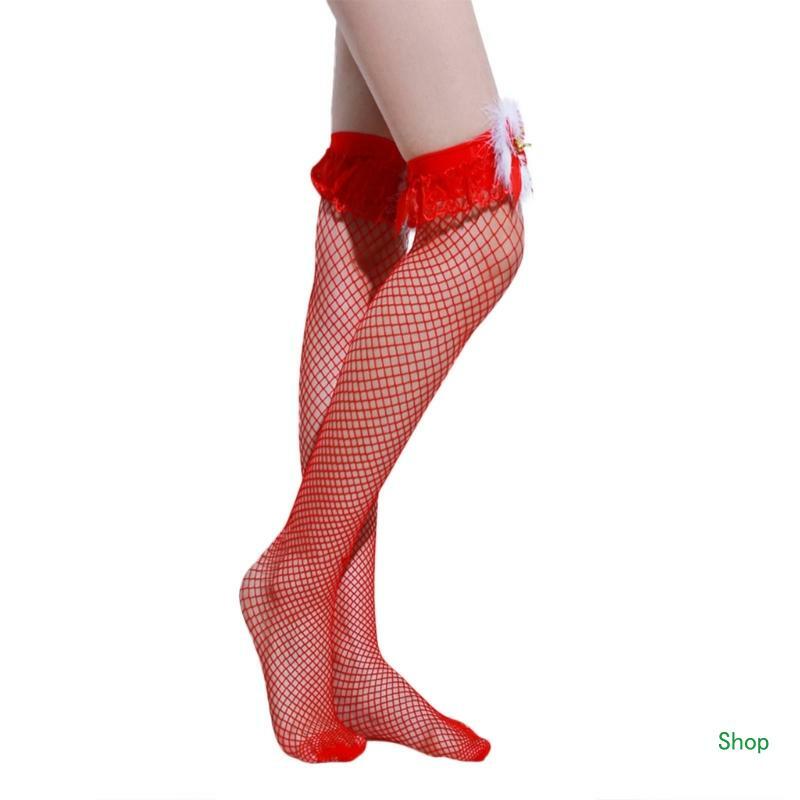 L5YC Christmas Sexy Mesh Stocking and Fingerless Gloves Cowboy Hat Set for Dress Up